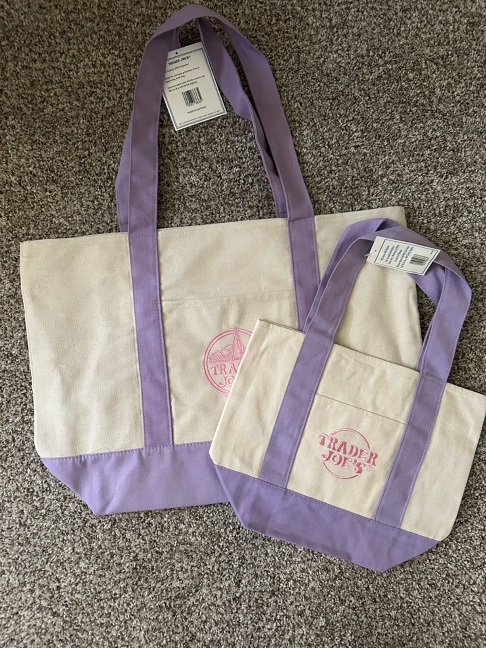 Trader Joe’s Lavender Accent Canvas Tote Bags; Cream&Lavender; 1 small/1big; NWT - Picture 2 of 4